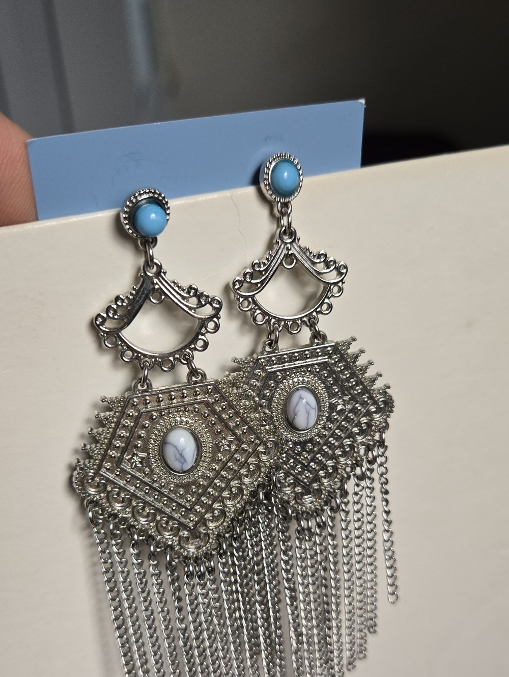 Vintage Silver Filigree Chandelier Earrings with Fuax Turquoise Studs - Picture 11 of 15